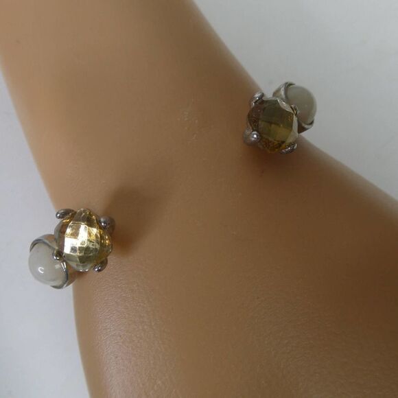 Rhinestone Silver Tone Cuff Bracelet Sparkly Yellow Amber Round Stone Modern - Picture 2 of 6